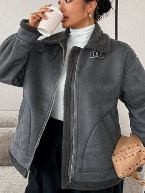 Dark Grey Casual Women's Plus Size Faux Suede High Neck Zip Up Jacket